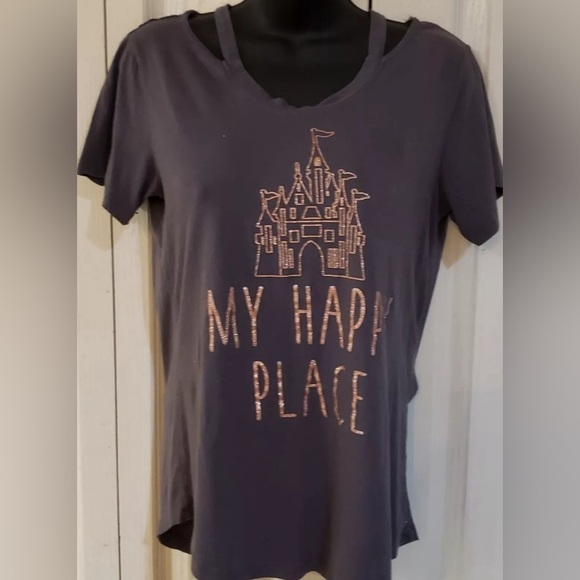 Disney World "MY HAPPY PLACE" Gray Rose Gold Glitter Castle Top Size Medium - Picture 8 of 8